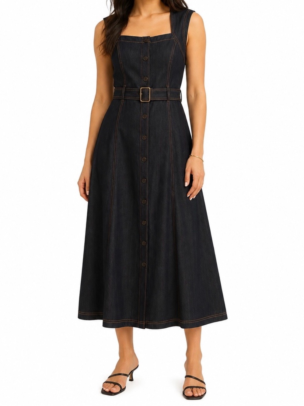 Calvin Klein Blue Sleeveless Button-Front A-Line Dress with Belt